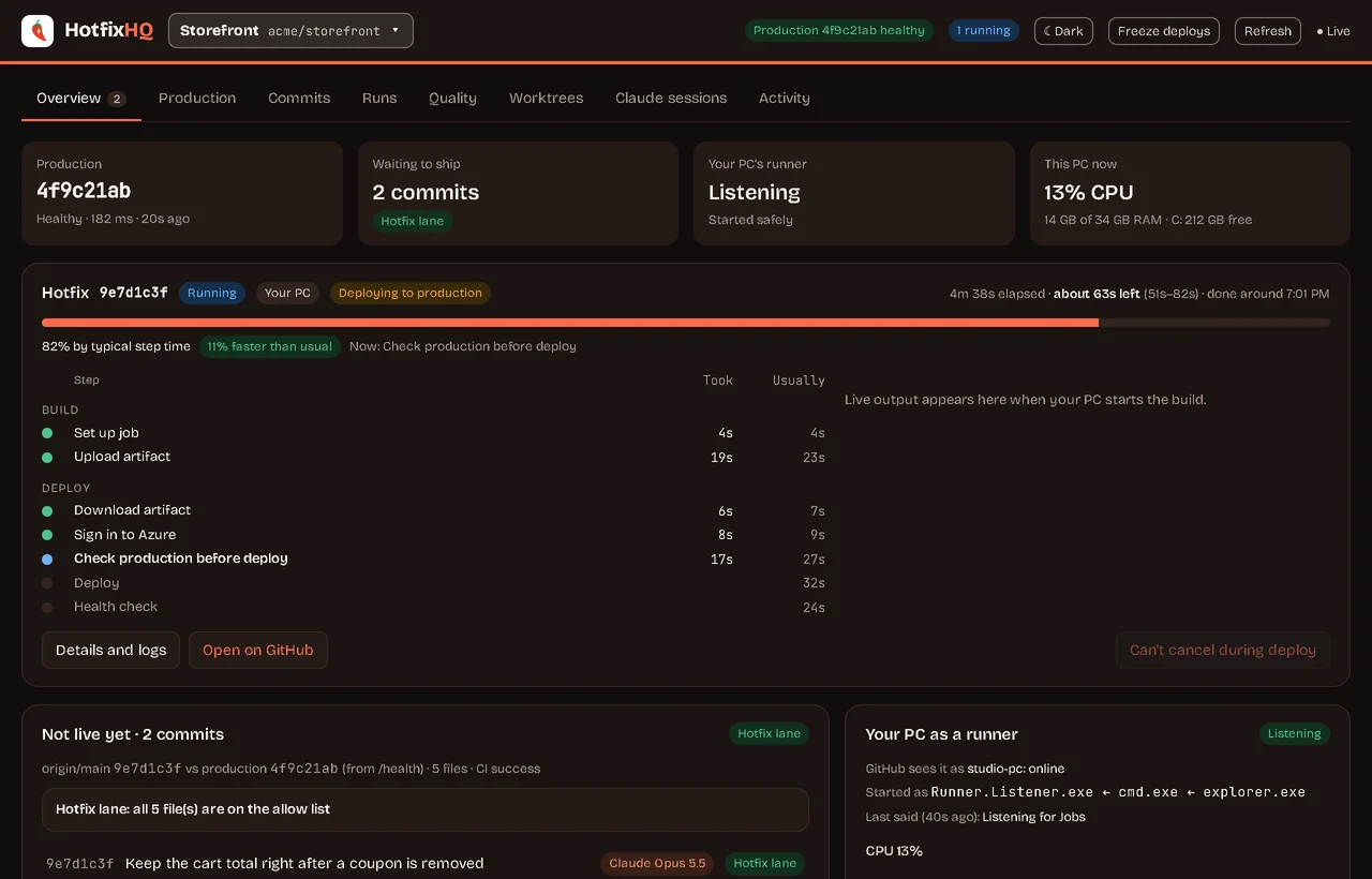 The overview in dark mode during a deploy