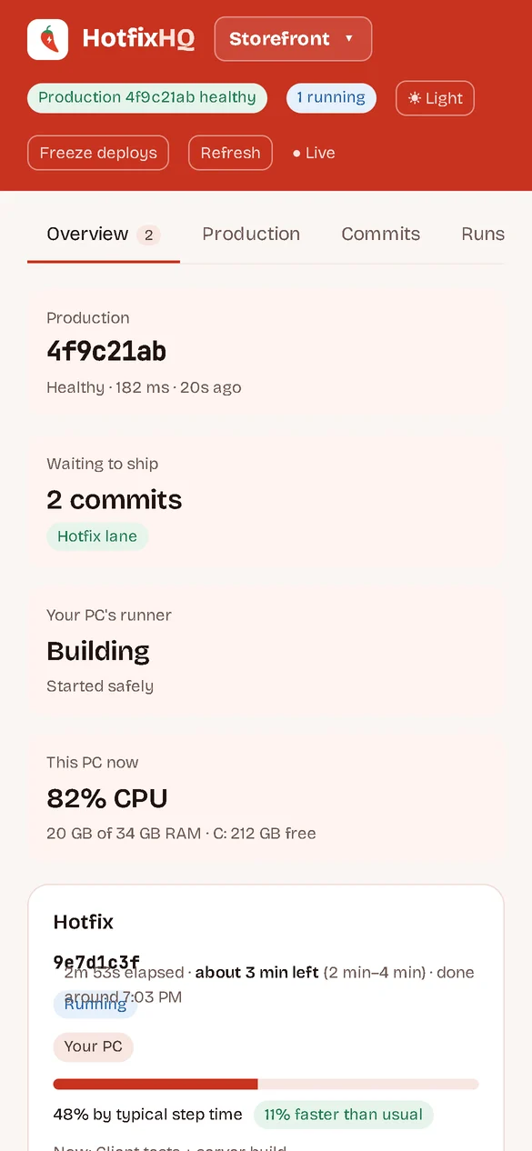 HotfixHQ on a phone, showing a hotfix run in progress